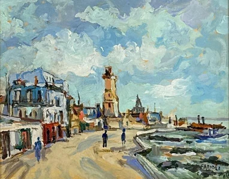 FARIOLI SIGNED IMPRESSIONIST PORT TOWN HARBOR PAINTING: Impressionist harbor scene. gilt frame, gallery label on verso reads "Punto Diriferimento Solla Costa Bretone, 2001" Approximate Dimensions: 10" x 12" unframed; 20.5" x 18"