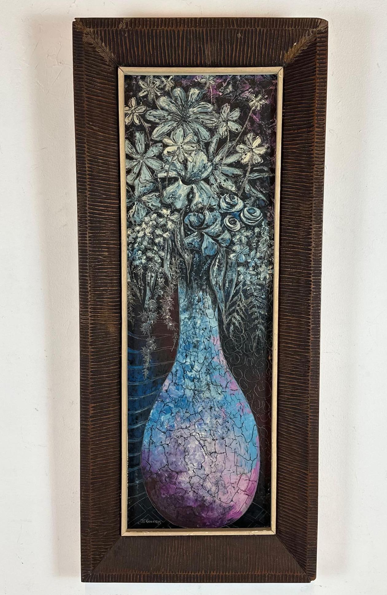 JACQUES-ENGUERRAND GOURGUE HAITIAN STILL LIFE PAINTING: Tall floral still life with flowers in vase in purple and lavender tones, dark wood frame. Approximate Dimensions: 12" x 36"; framed 18" x 42" Artist or Maker: Jacques-Enguerrand Gourg