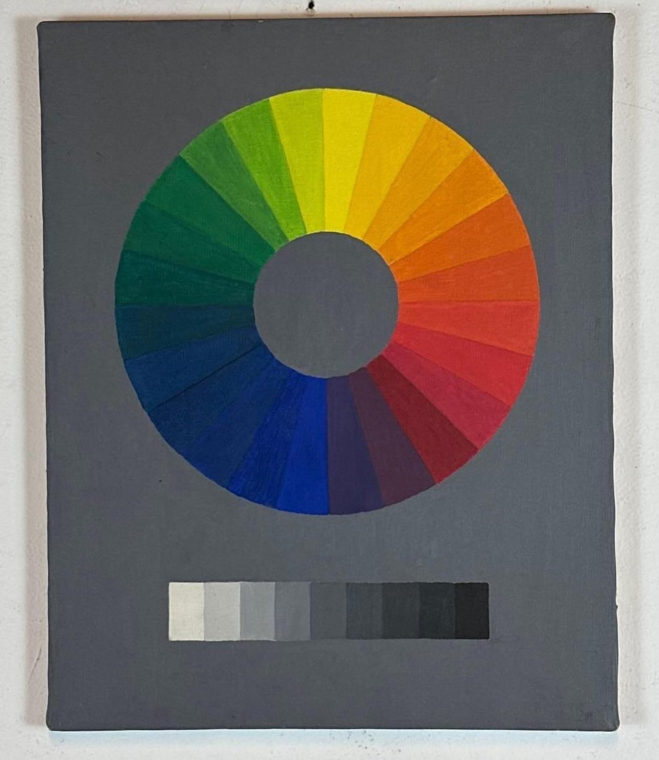 MID CENTURY OP ART COLOR WHEEL PAINTING UNSIGNED: Color wheel spectrum composition on gray ground, unsigned, wood frame included Approximate Dimensions: 16" x 20" Artist or Maker: Unknown - unsigned Provenance: From a New York Collector Notes