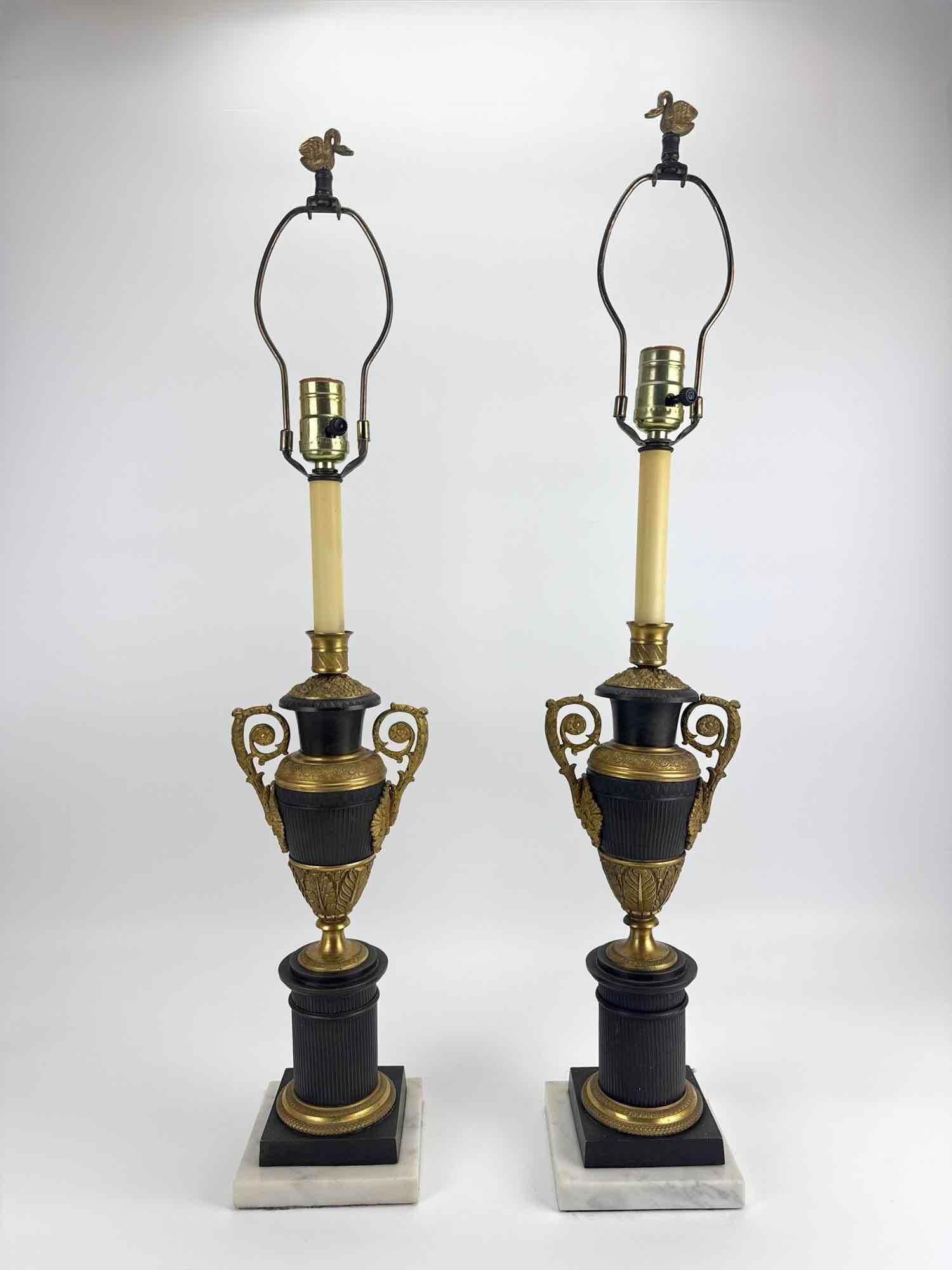 PAIR FRENCH EMPIRE STYLE GILT BRONZE SWAN FINIAL URN TABLE LAMPS (1 of 16)