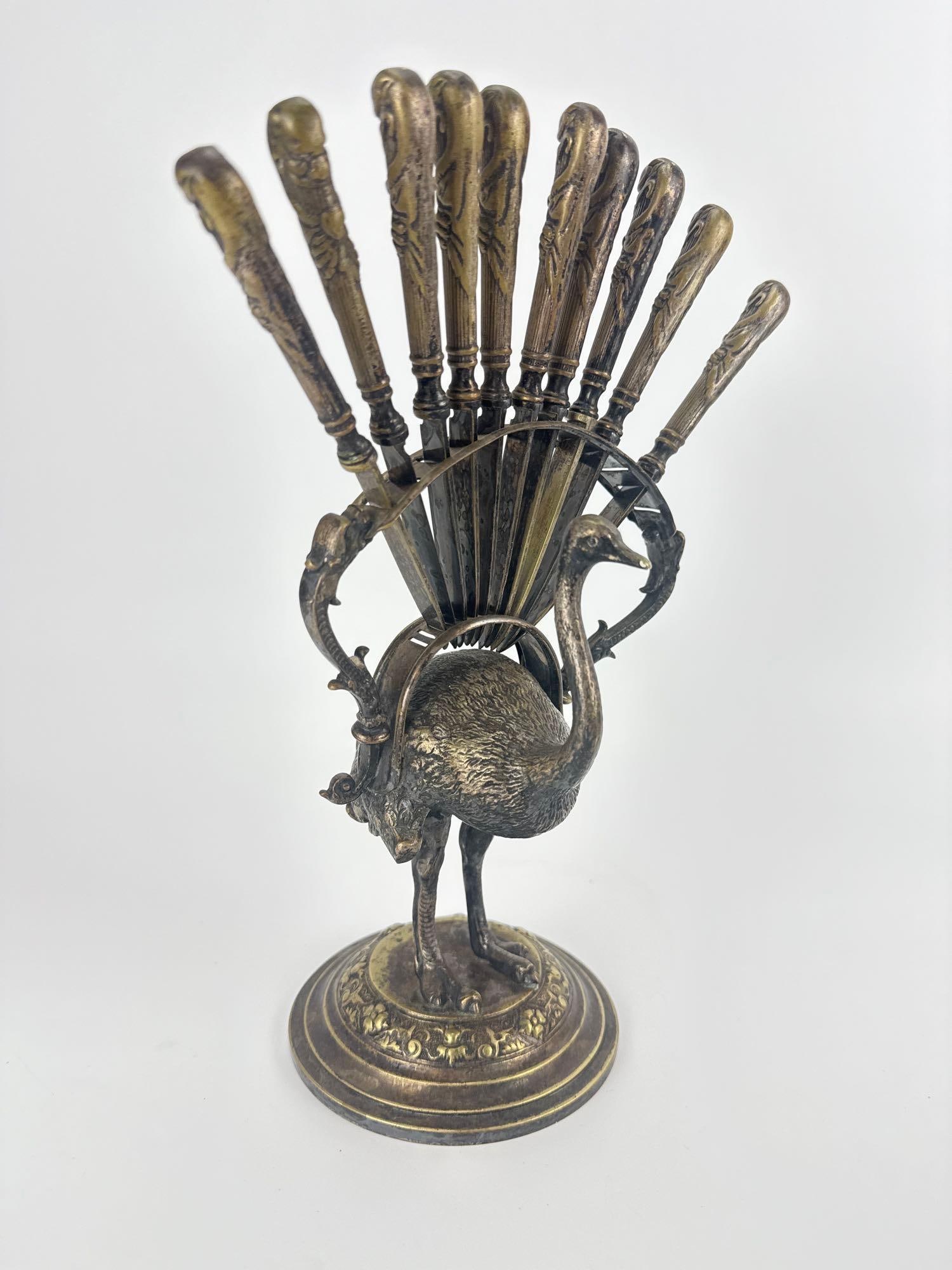 FRAGET WARSAW SILVER-PLATED FIGURAL OSTRICH DESSERT KNIFE STAND WITH KNIVES (1 of 16)