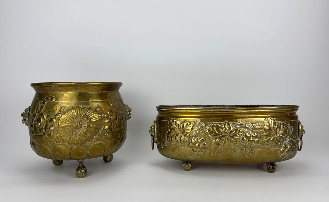 TWO REPOUSSÃ‰ BRASS FOOTED JARDINIÃˆRES / CACHEPOTS (1 of 11)