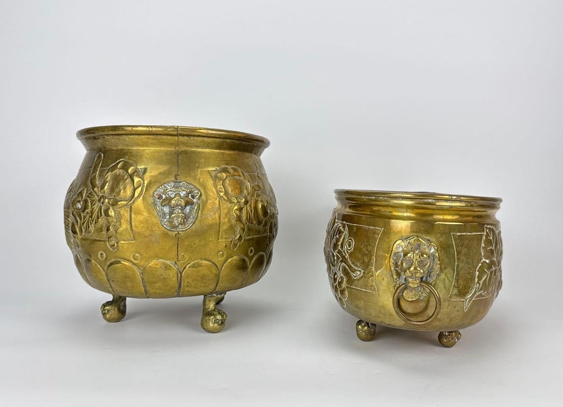 TWO REPOUSSE BRASS FOOTED CACHEPOTS - 2