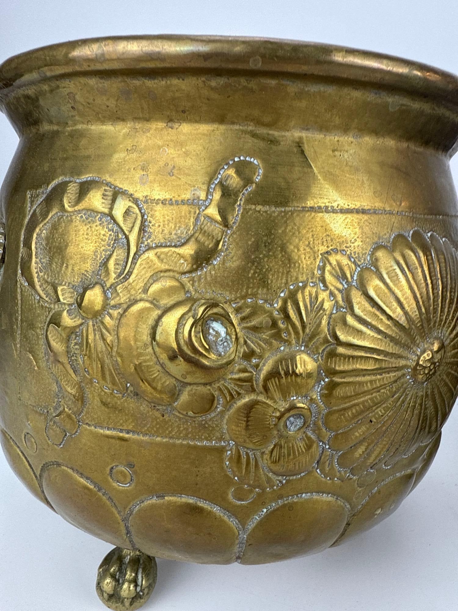TWO REPOUSSE BRASS FOOTED CACHEPOTS - 7