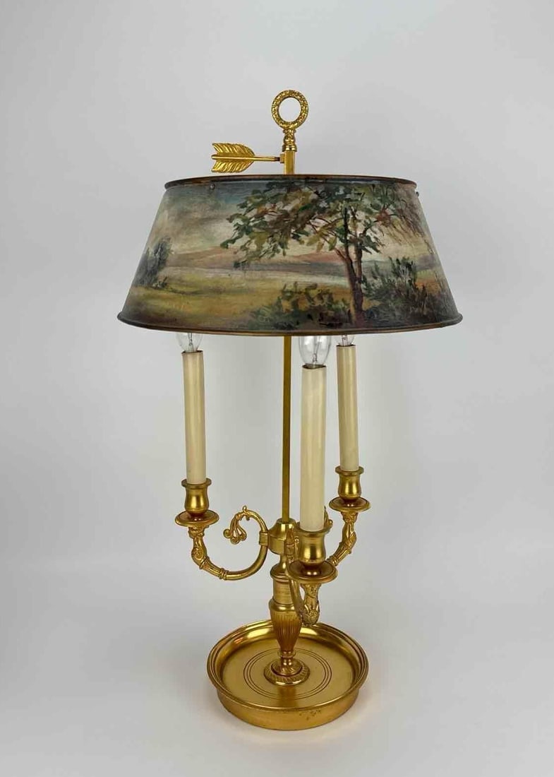 ANTIQUE BRASS BOUILLOTTE TABLE LAMP WITH HAND-PAINTED TOLE SHADE (1 of 12)
