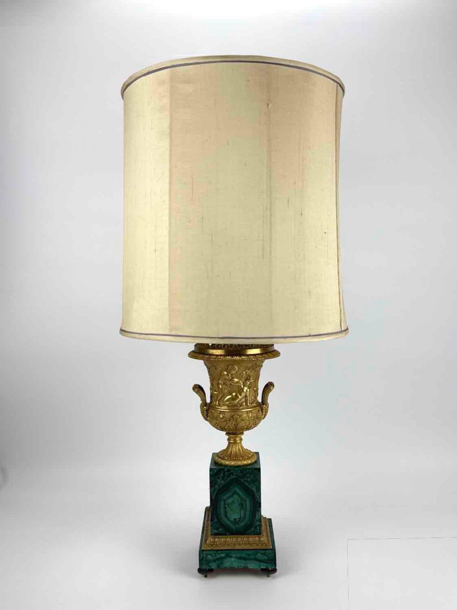 FRENCH EMPIRE ORMOLU AND MALACHITE FIGURAL URN TABLE LAMP, 19TH C. (1 of 18)
