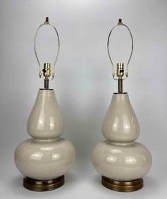 PAIR OF MIDCENTURY CREAM CRACKLE-GLAZE DOUBLE-GOURD TABLE LAMPS