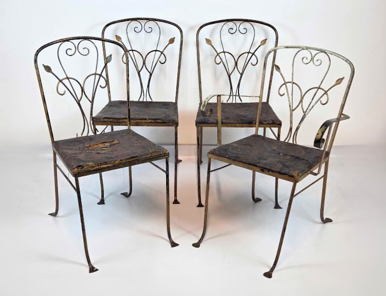 SET OF FOUR SALTERINI-STYLE GILT WROUGHT IRON CHAIRS (ONE ARM, THREE SIDE) (1 of 15)