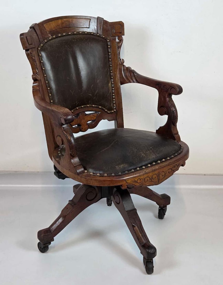 ANTIQUE EASTLAKE VICTORIAN LEATHER SWIVEL DESK CHAIR (1 of 19)