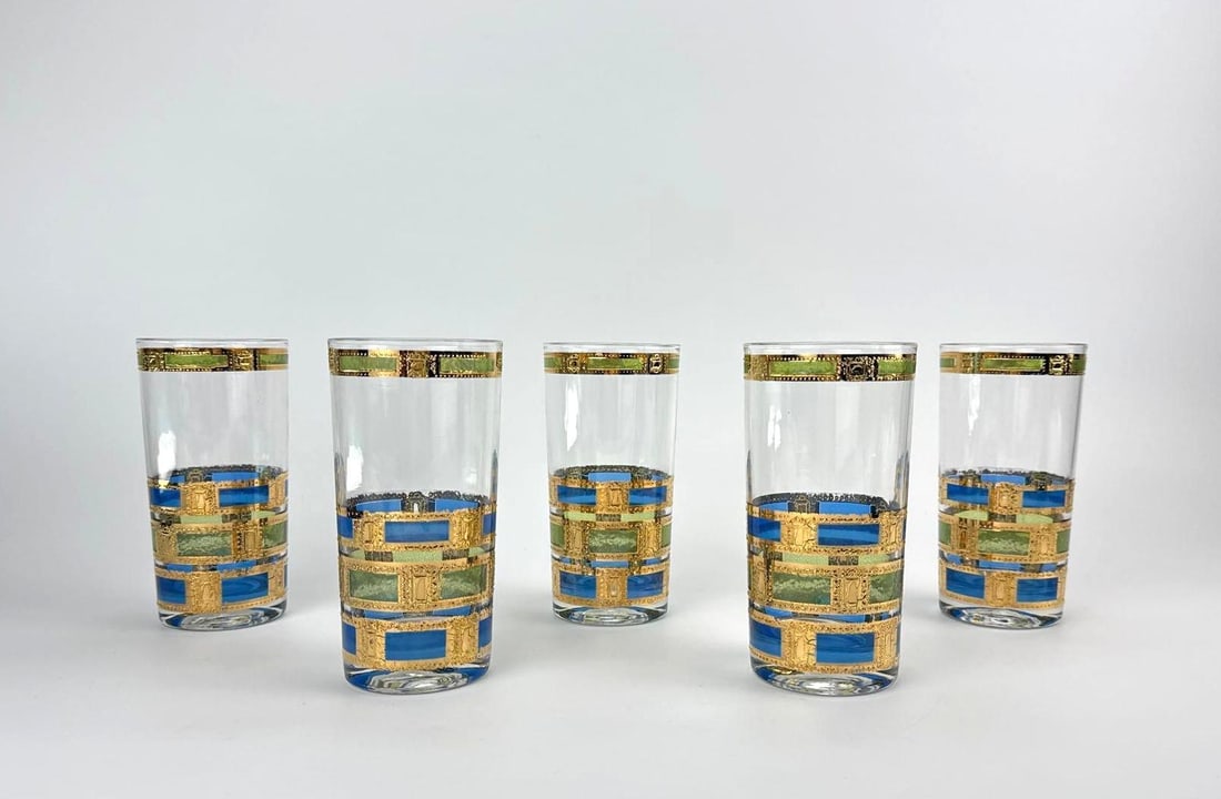 SET OF FIVE CULVER "EMPRESS" 22K GOLD HIGHBALL GLASSES, BLUE & GREEN (1 of 10)