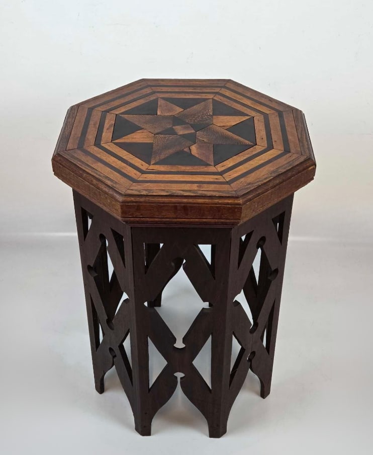 MOORISH-STYLE OCTAGONAL PARQUETRY-TOP FRETWORK TABORET SIDE TABLE (1 of 12)