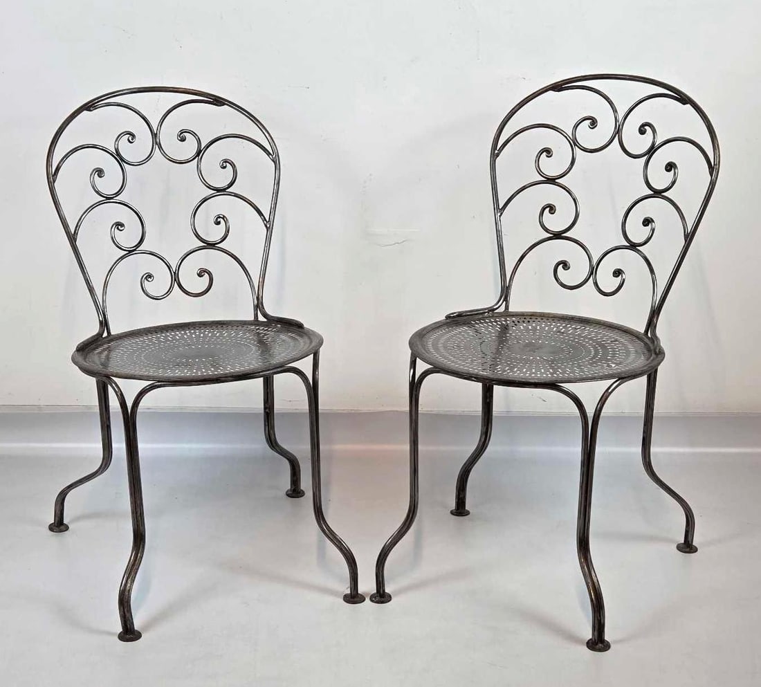PAIR OF FRENCH-STYLE FORGED STEEL SCROLLWORK BISTRO CHAIRS (1 of 9)