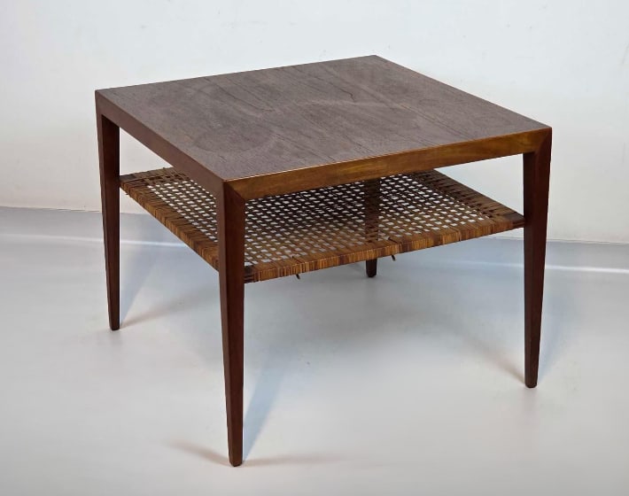MID CENTURY DANISH STYLE WALNUT END TABLE WITH CANED LOWER SHELF (1 of 12)
