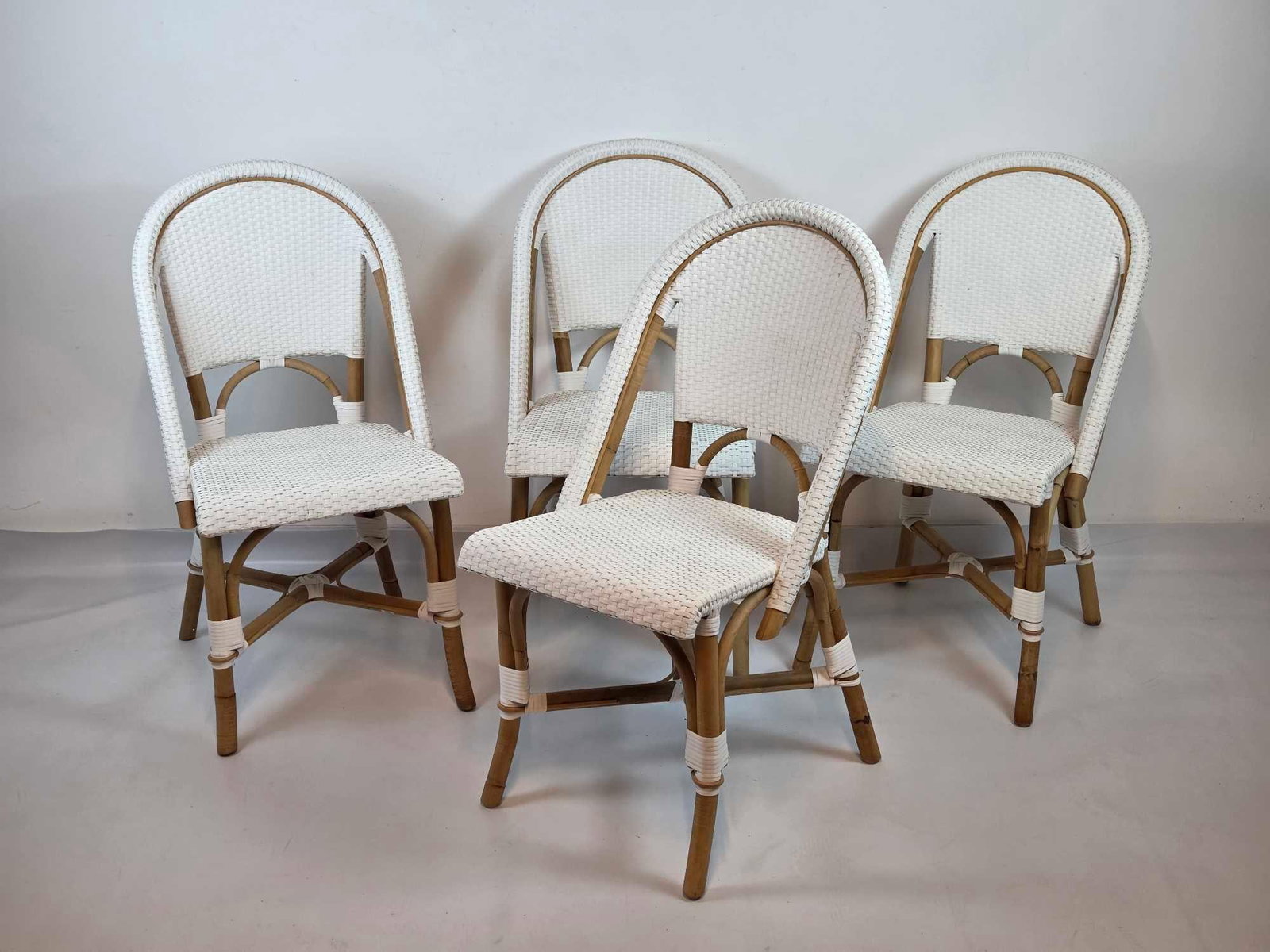 SET OF FOUR BENT RATTAN AND WOVEN NYLON FRENCH BISTRO CHAIRS (1 of 15)