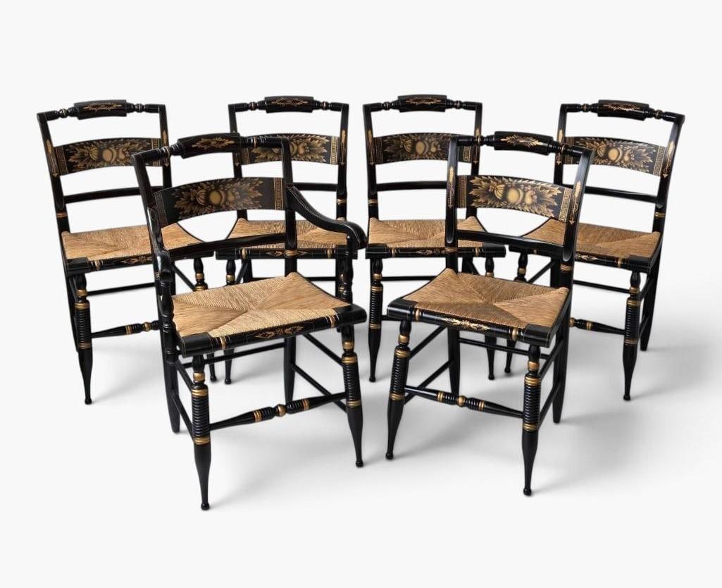 REMARKABLE SET OF SIX HITCHCOCK STENCILED RUSH-SEAT CHAIRS (ONE ARM, FIVE SIDE) (1 of 16)