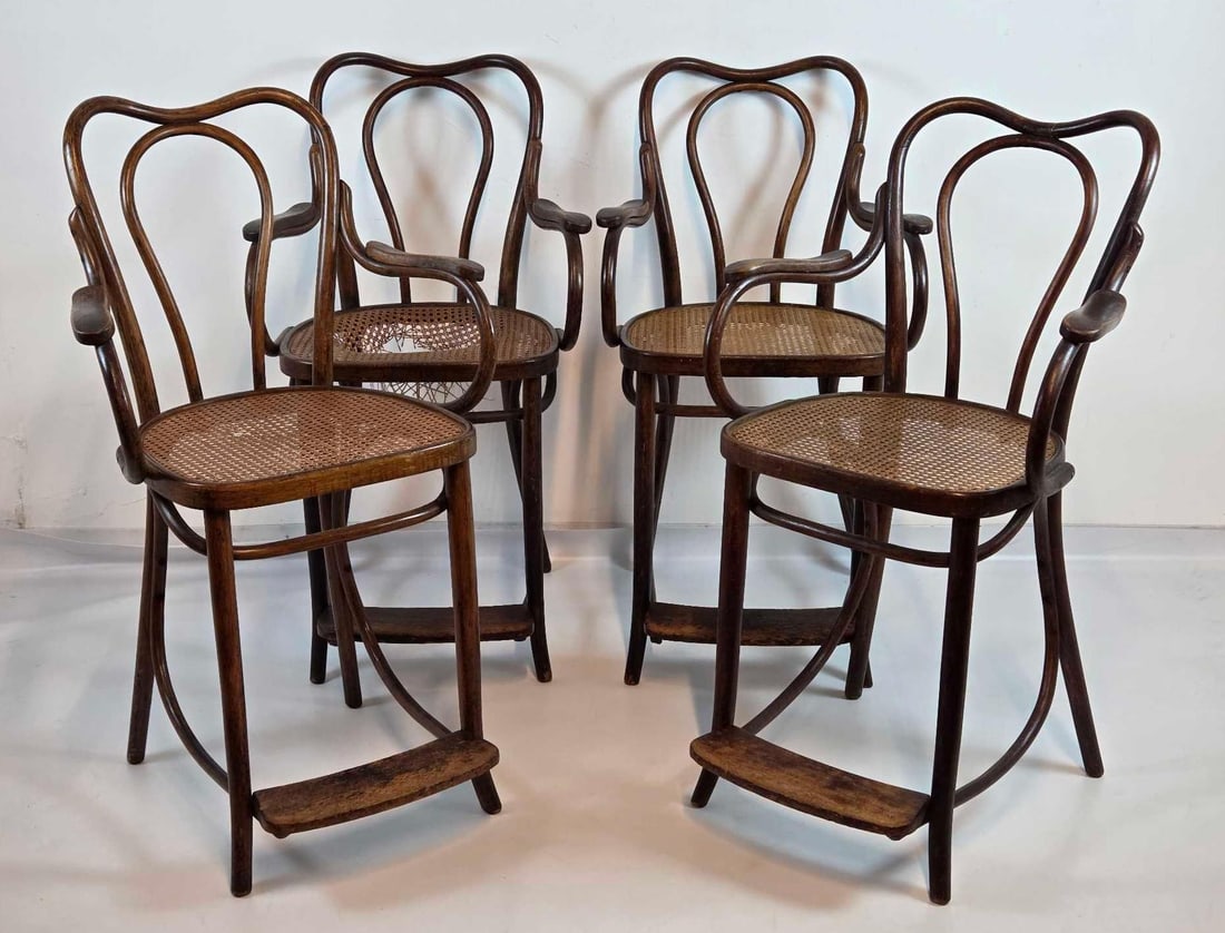 SET OF 4 ANTIQUE THONET STYLE BENTWOOD AND CANE COUNTER STOOLS (1 of 19)
