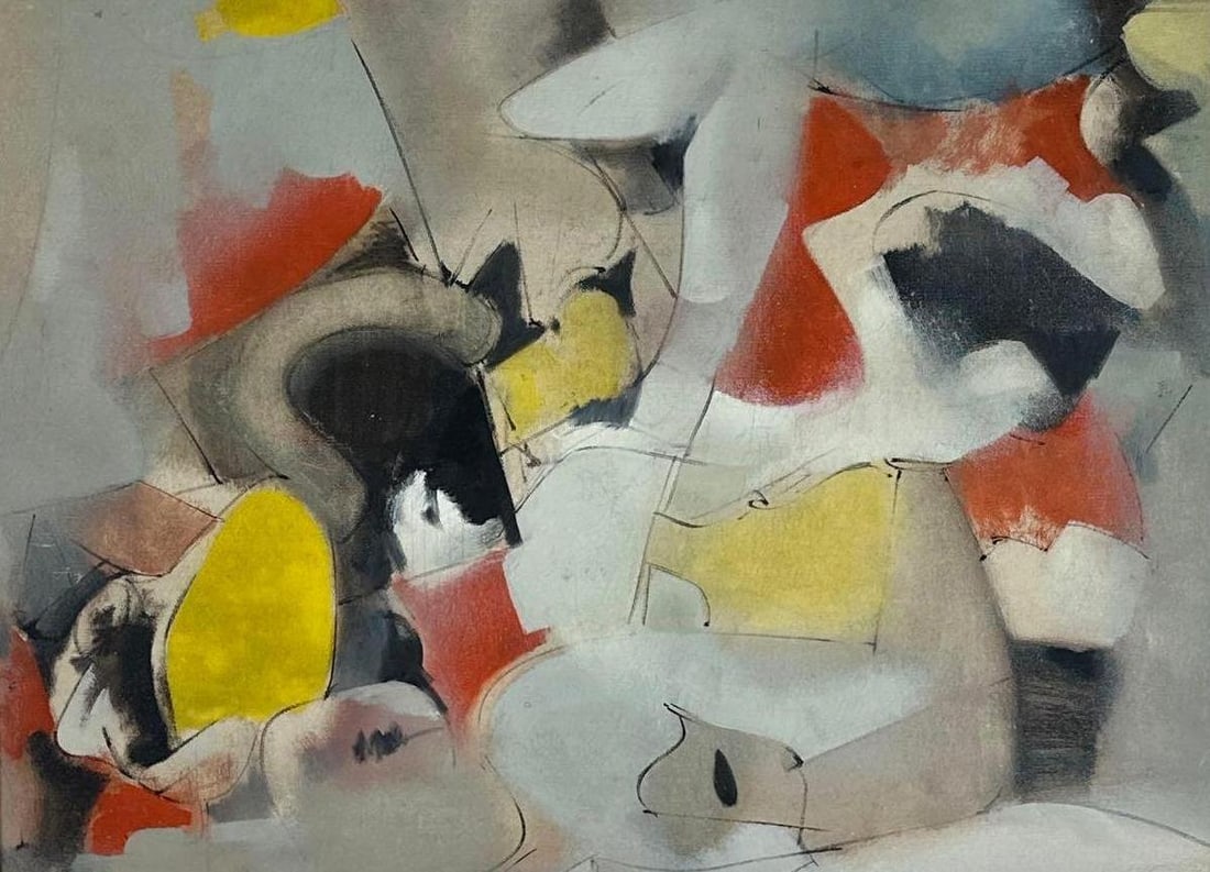 FRAMED MODERNIST ABSTRACT COMPOSITION: Framed modernist abstract composition in red, yellow, black, and gray. Approximate Dimensions: 18" x 24" ; frame 19" x 25" Artist or Maker: Unknown Provenance: From a New York Collecto
