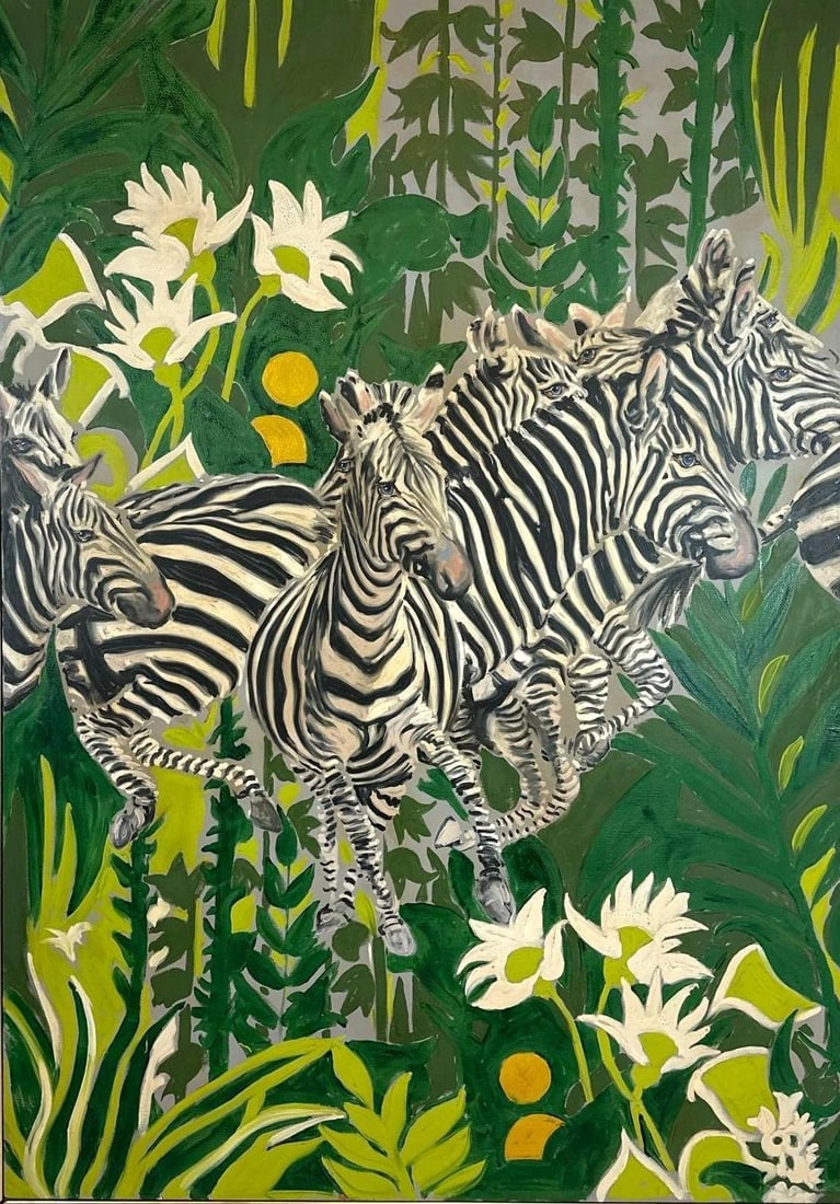 STEELE MODERNIST ZEBRA AND TROPICAL FOLIAGE PAINTING (I of 2): Large modernist painting of zebras amid tropical foliage and white blossoms, framed. The companion piece is signed. Approximate Dimensions: 43" X 61" (framed) Artist or Maker: Steele Attr. Pro
