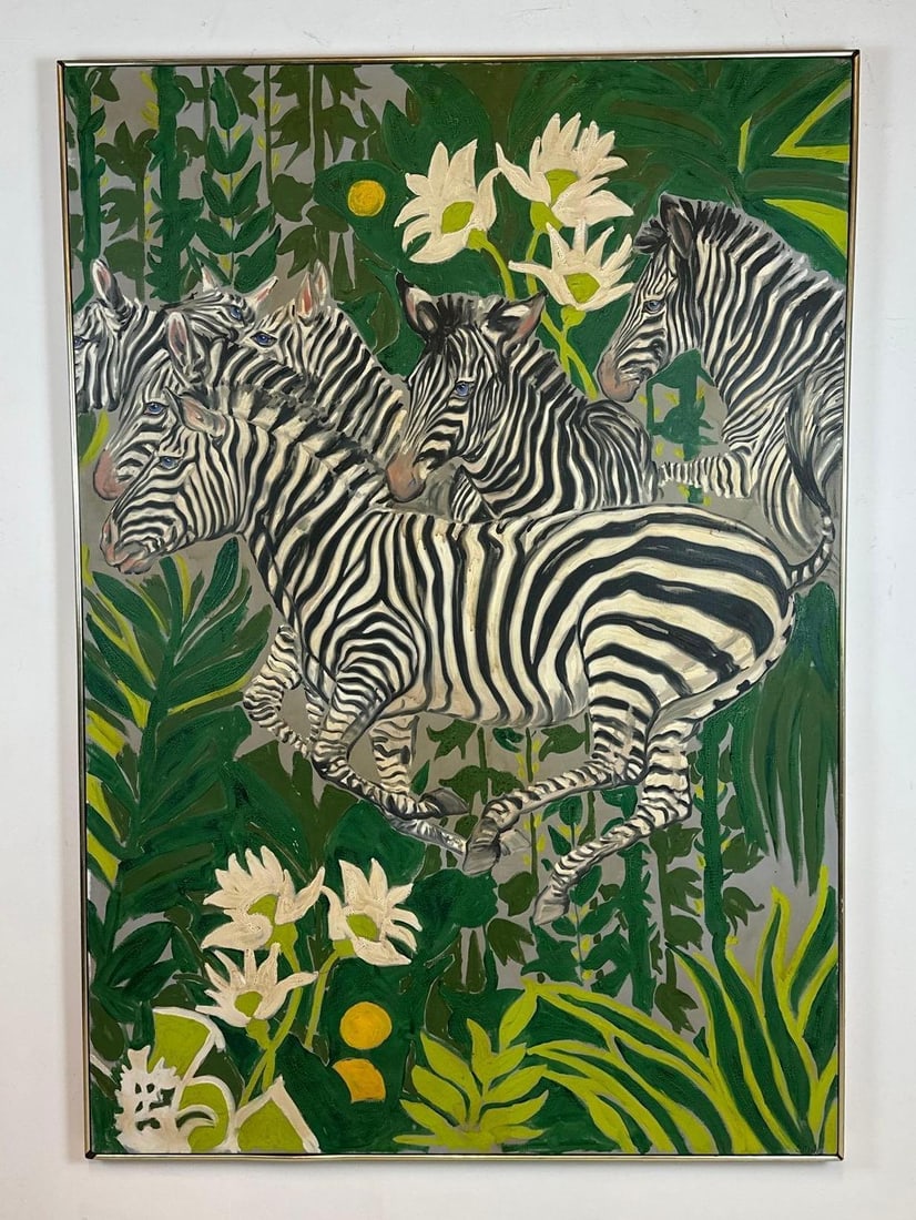 STEELE MODERNIST ZEBRA AND TROPICAL FOLIAGE PAINTING (2 of 2), SIGNED (1 of 8)