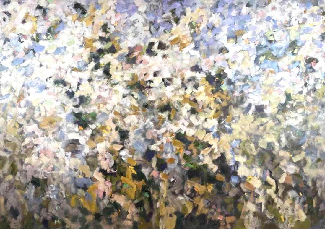 WALL-SIZED FRAMED ABSTRACT GICLÉE PRINT ON CANVAS, FLOATING WOOD FRAME: Large abstract "field" giclée print on canvas in a floating wood frame. Approximate Dimensions: 87" X 63" X 2" Artist or Maker: Unknown (giclée print / reproduction) Provenance: 