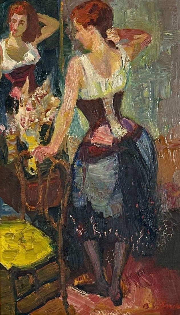 LOUIS BERTHOMMÉ SAINT-ANDRÉ (FRENCH, 1905-1977) "GIRL IN THE MIRROR", OIL: Oil painting of a female figure in an interior, "Girl in the Mirror," warm palette, framed with a title plaque. Approximate Dimensions: 11" X 19" (image); 19" X 26.5" (framed) 