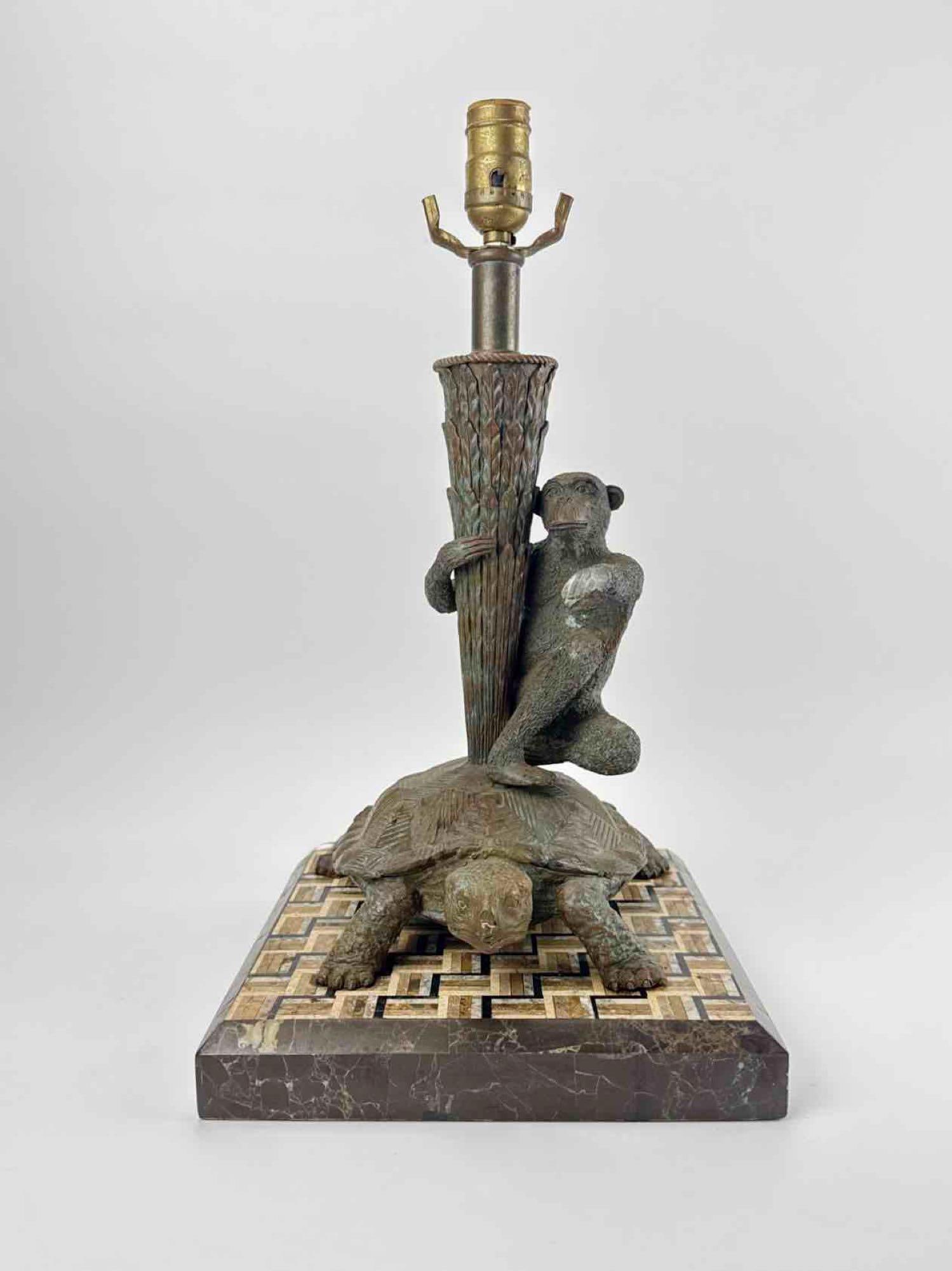 MAITLAND-SMITH BRONZE MONKEY RIDING TURTLE ON MARBLE BASE TABLE LAMP (1 of 13)