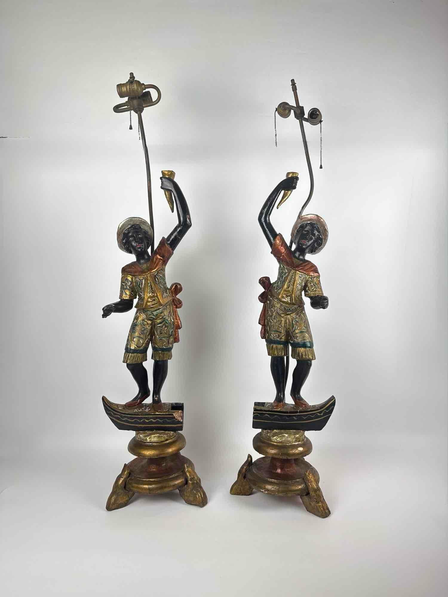PAIR OF 19TH-CENTURY VENETIAN POLYCHROME AND GILT WOOD GONDOLIER FIGURAL LAMPS (1 of 20)