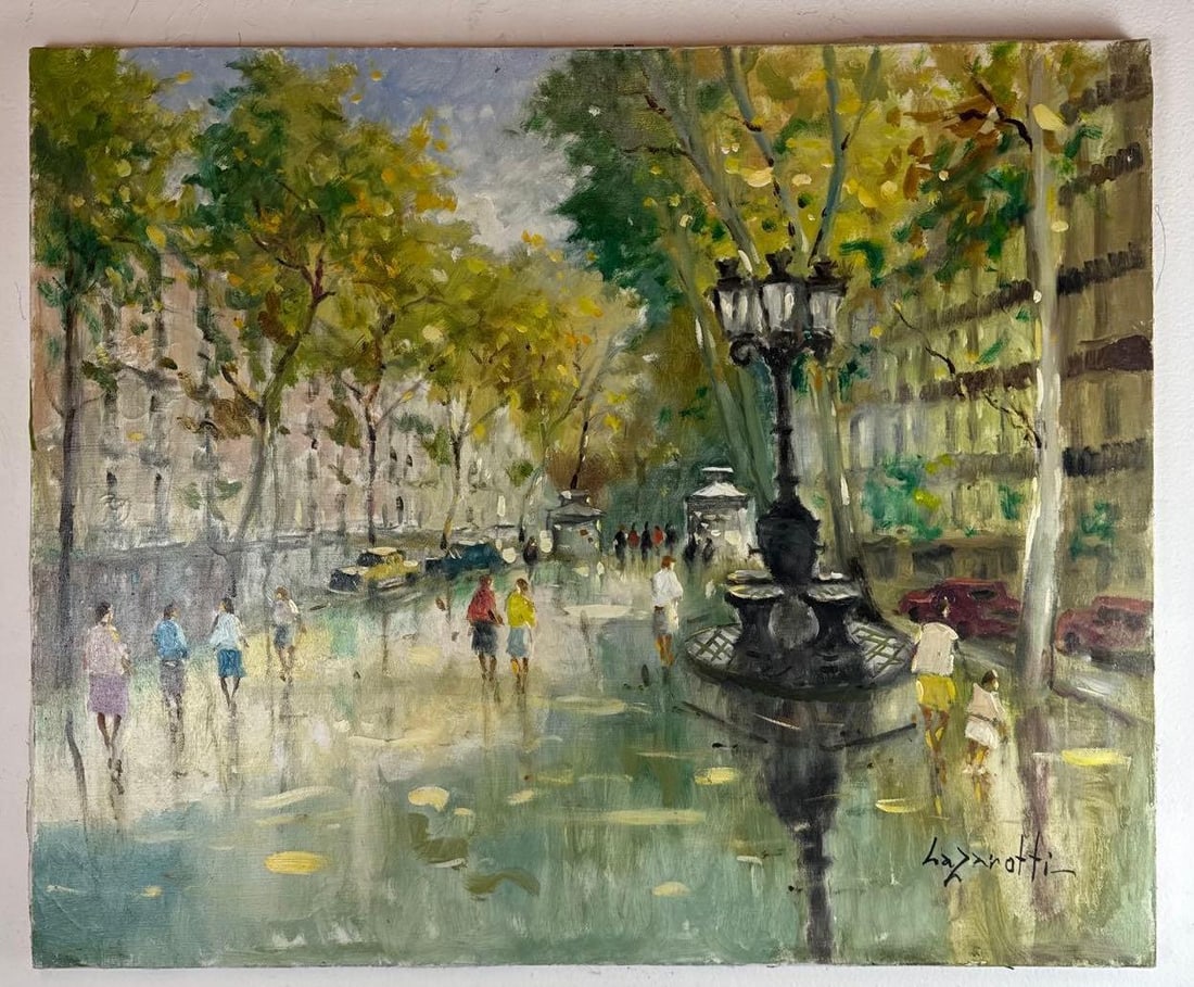LAZAROTTI FRENCH IMPRESSIONIST PARIS STREET SCENE OIL PAINTING: *Mid-century European School oil on canvas painting capturing a bustling, rainy Parisian boulevard with a prominent streetlamp, fountain, and strolling figures. Approximate Dimensions: 24" X 36