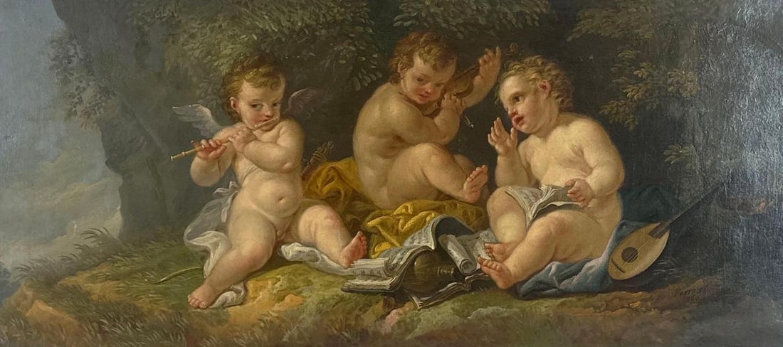 JOSEPH-IGNACE-FRANÇOIS PARROCEL 18TH CENTURY OIL ON CANVAS PAINTING "CHERUBS PLAYING MUSIC: *Large-scale 18th-century French Rococo oil painting on canvas depicting three putti playing musical instruments in a lush landscape setting Approximate Dimensions: 47”x23”; Frame 49&rdquo