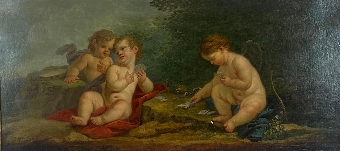 JOSEPH-IGNACE-FRANÇOIS PARROCEL 18TH CENTURY OIL ON CANVAS PAINTING "CHERUBS PLAYING CARDS: *Large-scale 18th-century French Rococo oil painting on canvas depicting three putti playing cards in a lush landscape setting Approximate Dimensions: 47”x23”; Frame 49”x25” Ar
