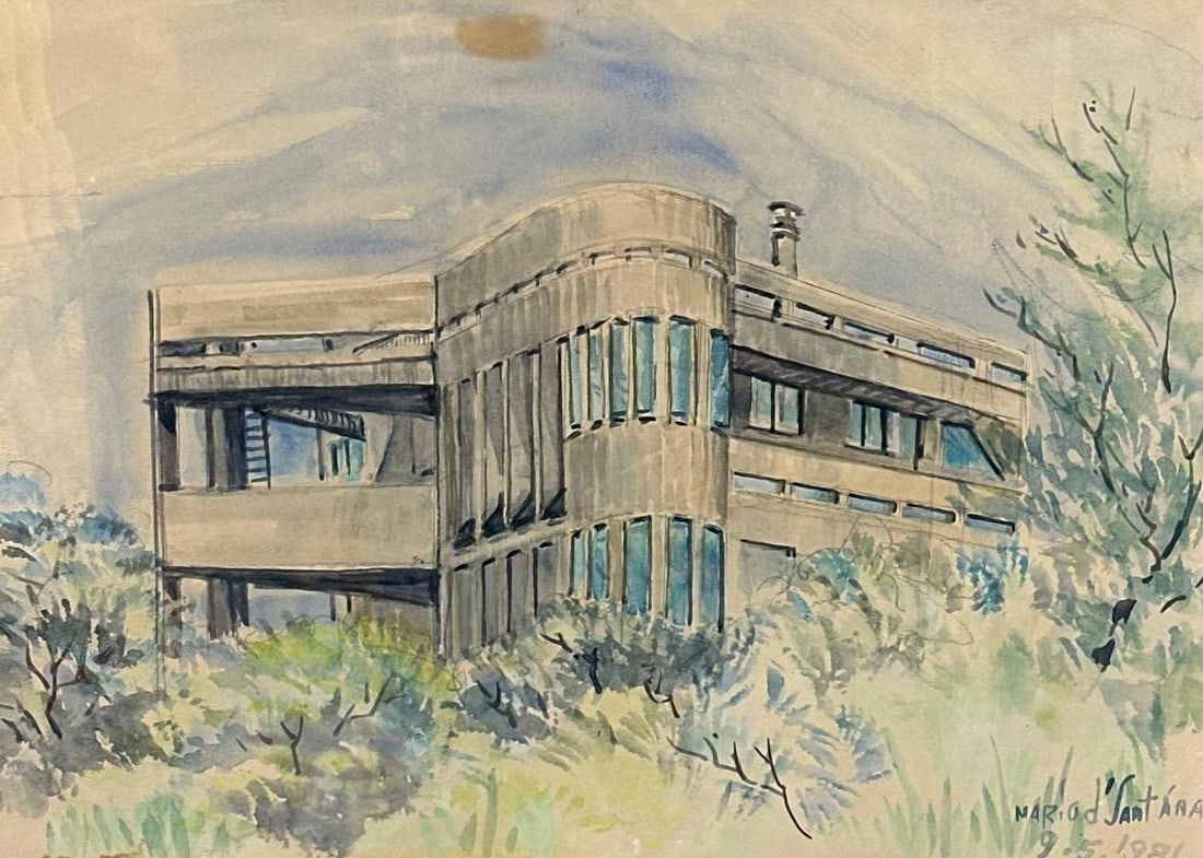 MARIO D'SANTANA (AMERICAN/FLORIDA, MID-20TH CENTURY) 1981 WATERCOLOR ARCHITECTURAL PAINTING: *1981 architectural watercolor and ink painting on paper depicting a building nestled among lush foliage Approximate Dimensions: 18”x24” ; Frame 32.5”x26.5” Artist or Maker: M