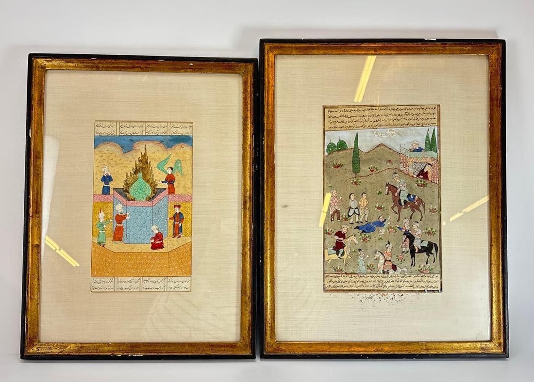 PAIR OF FRAMED PERSIAN MANUSCRIPT-STYLE MINIATURE PAINTINGS (1 of 16)
