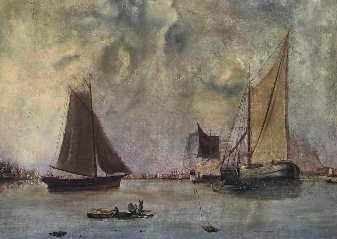19TH CENTURY MARITIME SCHOOL OIL ON CANVAS PAINTING OF SAILBOATS IN HARBOR: *19th-century oil on canvas maritime landscape depicting sailboats, fishing vessels, and figures in a small rowboat near a harbor town, housed in an ornate carved giltwood frame. Approximate Dimension