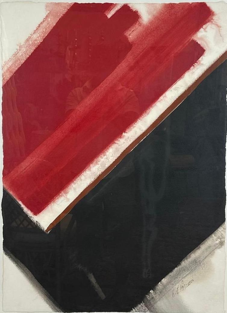 E. PASCUCCI ABSTRACT EXPRESSIONIST COMPOSITION PAINTING ON PAPER: *Signed Mid-Century Modern abstract expressionist composition on deckle edge paper framed under glass with bold red, black, and neutral diagonal brushstrokes. Approximate Dimensions: framed 33”x
