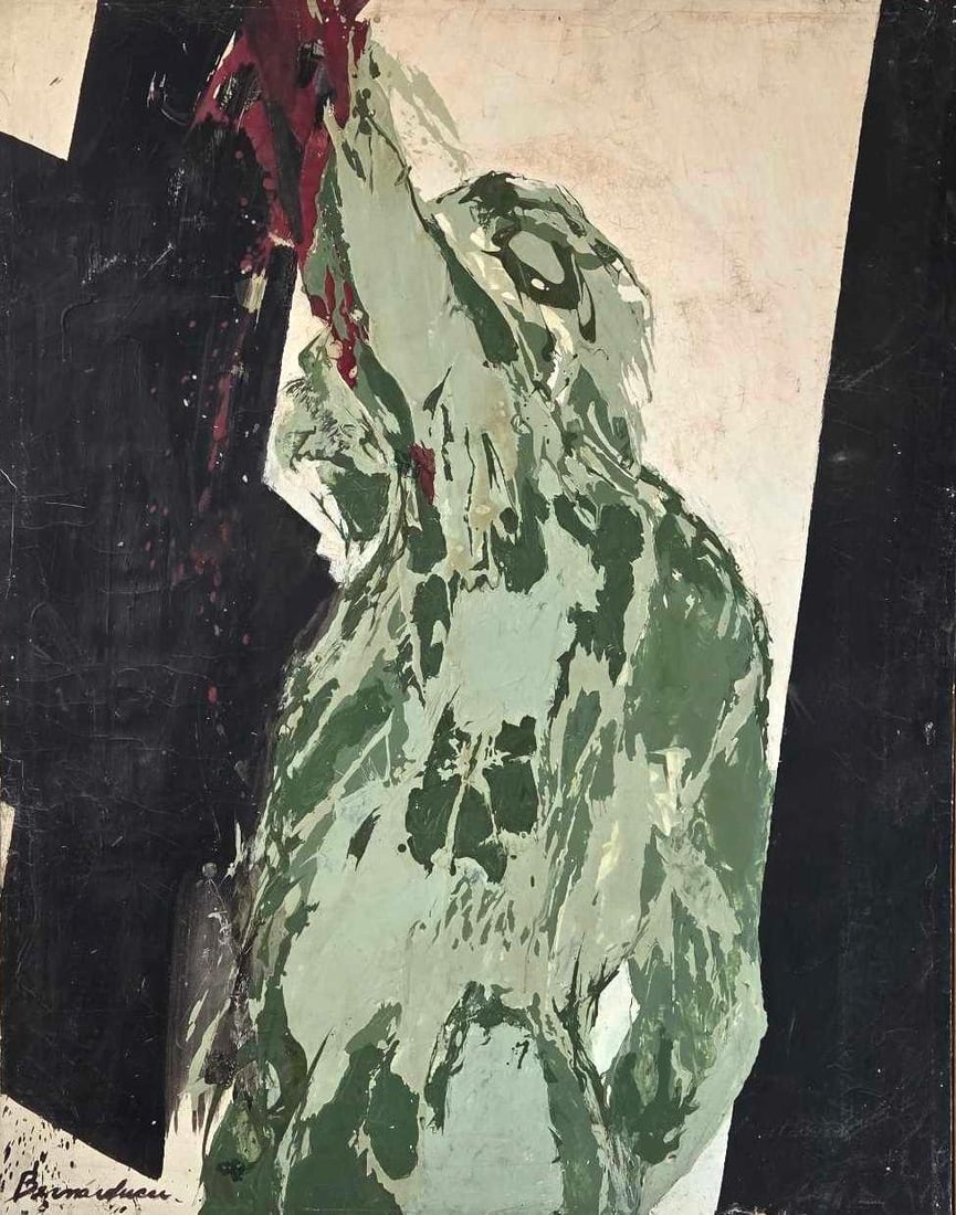 FRANK BERNARDUCCI SIGNED LARGE EXPRESSIONIST OIL PAINTING THE CRUSADER: *Large-scale abstract expressionist oil painting on canvas depicting a stylized male figure in green tones, signed Bernarducci in the lower left corner Approximate Dimensions: 48.75" X 38" Art