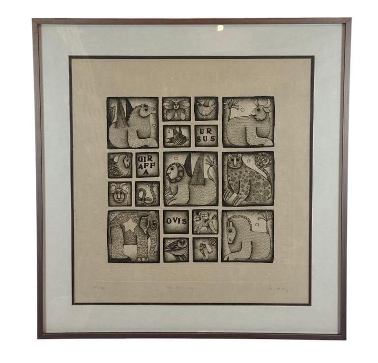 THE BEASTIARY BY CAROL JABLONSKY EMBOSSED PRINT ON ARCHES PAPER 32": *Large-format embossed print on Arches paper by Carol Jablonsky (American, 1939–1992), titled "The Beastiary," depicting a grid of stylized animal figures with Latin labels (Giraffa, Ursus, 