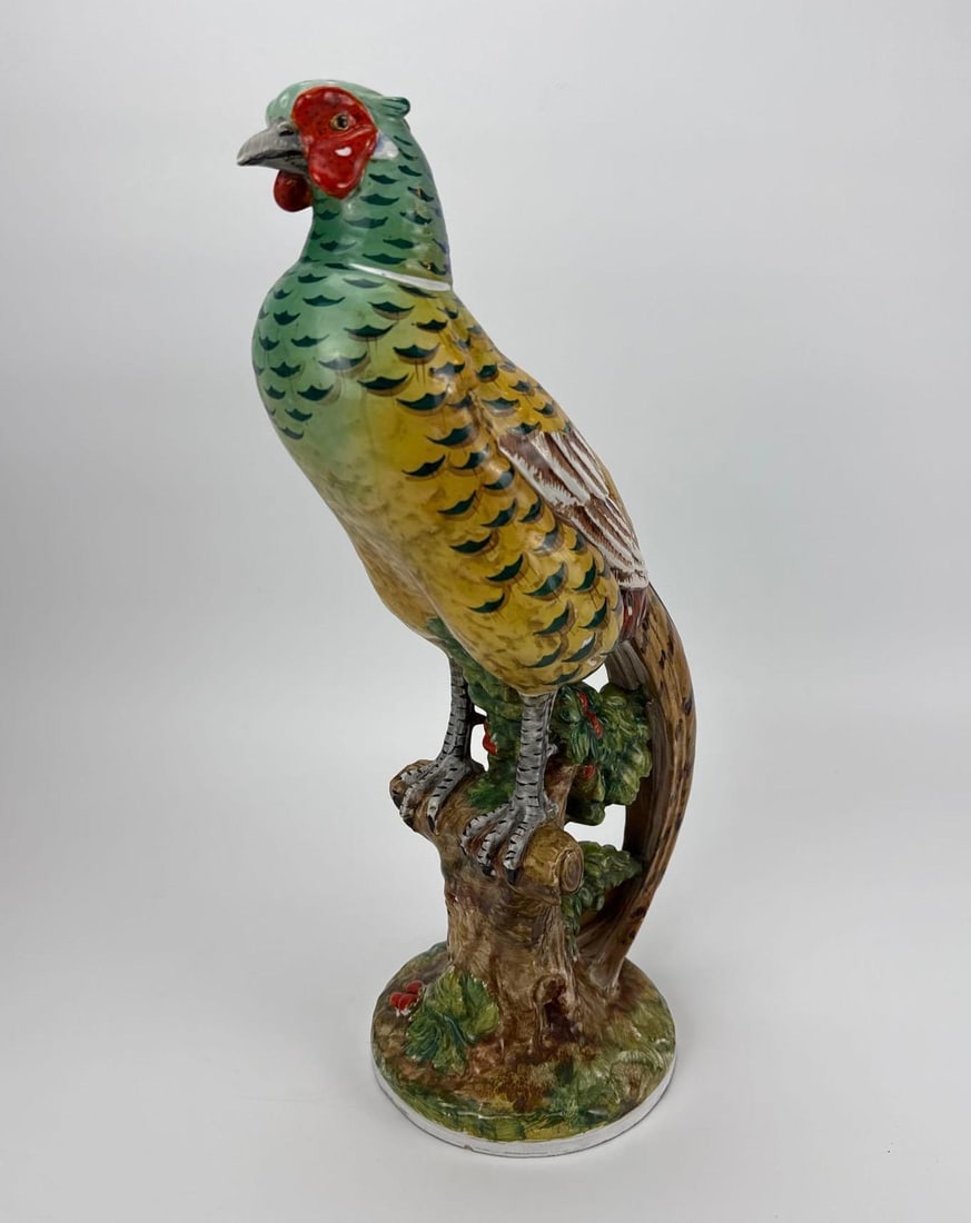 ZACCAGNINI SIGNED ITALIAN CERAMIC MAJOLICA PHEASANT FIGURE: *Large vintage Italian hand-painted polychrome glazed majolica figurine depicting a perched pheasant on a naturalistic tree stump base, bearing the Zaccagnini script signature, "Z" logo, and m