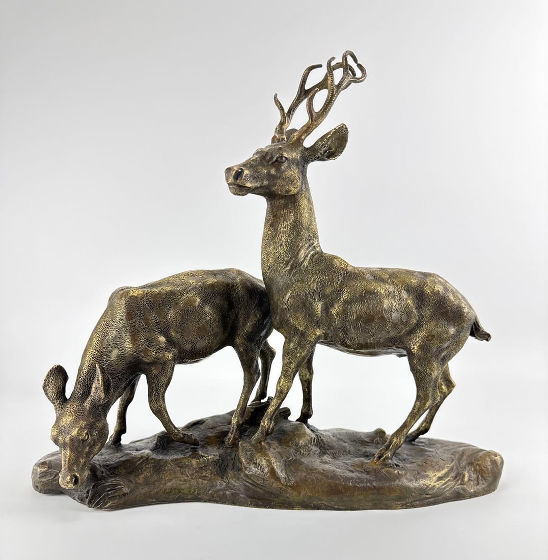 FRENCH ANIMALIER STYLE PATINATED BRONZE STAG AND DOE SCULPTURE (1 of 7)