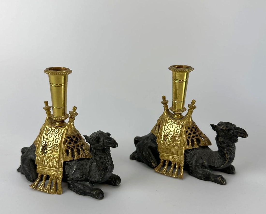 PAIR ANTIQUE FRENCH-SCHOOL ORMOLU AND PATINATED BRONZE CAMEL CANDLESTICKS | 19th CENTURY (1 of 6)