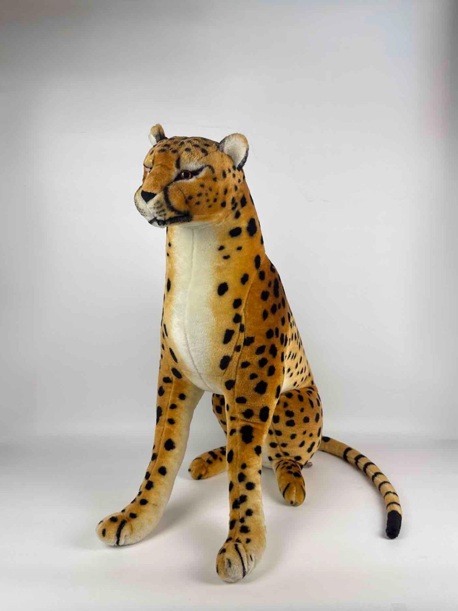 GIANT MELISSA & DOUG LIFELIKE CHEETAH PLUSH STUFFED ANIMAL 33": Large seated plush safari cheetah figure with realistic printed markings and structural interior frame. Approximate Dimensions: 33” H X 15” W X 30” D Artist or Maker: Melissa & D
