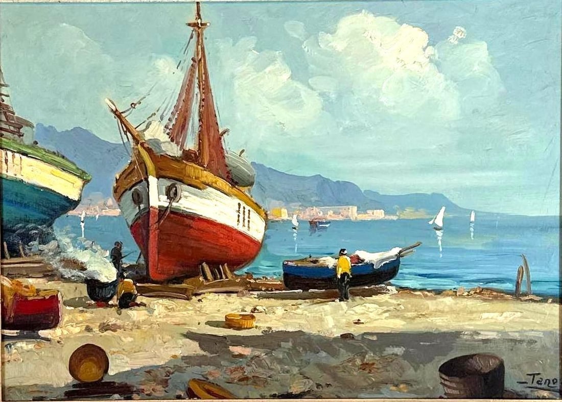 MEDITERRANEAN COASTAL HARBOR SCENE OIL PAINTING SIGNED TANO: An oil on canvas painting of fishing boats beached at a sunlit Mediterranean harbor, in a giltwood frame. Signed. Art Approximate Dimensions: 20" H x 25" W Overall Approximate Dimensions: 24&#