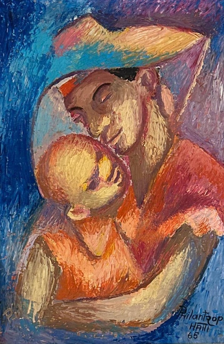 SIGNED HAITIAN MODERNIST PAINTING, MOTHER AND CHILD, "PHILANTROP" DATED 1966: Haitian modernist oil of a seated mother and child in blue and violet tones, signed and dated, in wood frame Approximate Dimensions: 16" H x 10" W; frame 21" H x 16" W Artist or Maker: