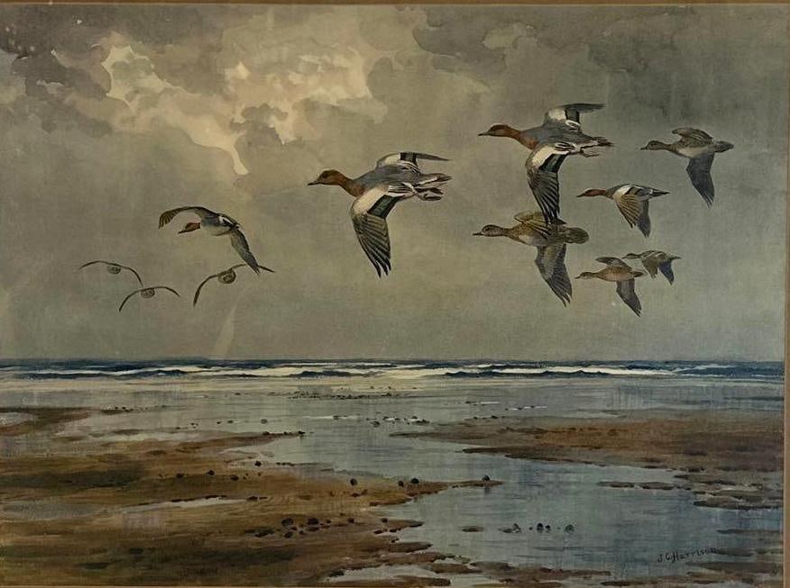 J.C. HARRISON SIGNED PRINT, DUCKS OVER A COASTAL MARSH, FRAMED (1 of 8)