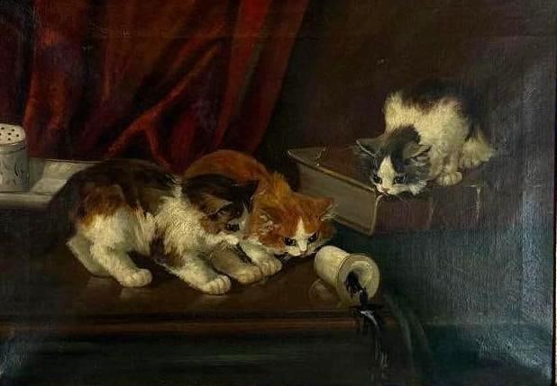 ANTIQUE OIL PAINTING OF KITTENS IN A GILTWOOD FRAME, UNSIGNED: An oil painting of 3 kittens in a red drape interior, focused on spilled ink, in an ornate giltwood frame. Unsigned. Art Approximate Dimensions: 19" L x 21" W Overall Approximate Dimensions: 2