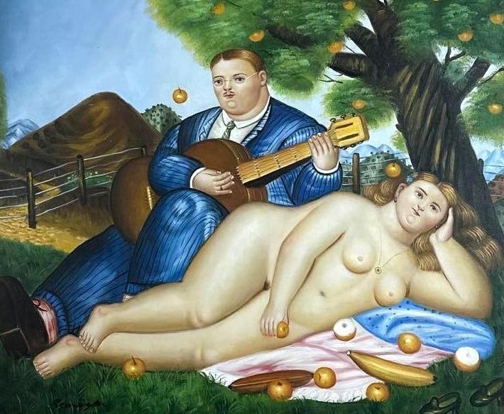 BOTERO STYLE RECLINING NUDE OIL PAINTING, SIGNED REMINGTON, ORNATE GILT FRAME: Oil painting of a voluptuous reclining nude in a landscape, in the style of Fernando Botero, signed Remington, in deep ornate giltwood frame Approximate Dimensions: 20" H x 24" W; frame 36"