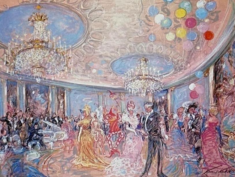 KAMIL KUBIK SIGNED LIMITED EDITION PRINT, GRAND BALLROOM CELEBRATION, FRAMED: Signed limited edition impressionist print of a festive grand ballroom celebration, framed Approximate Dimensions: 9" H x 11.5" W; frame 16" H x 18" W Artist or Maker: Kamil Kubik (Cze