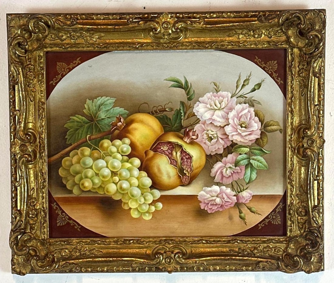 19TH C. REGENCY DERBY PORCELAIN PLAQUE, FRUIT & FLOWER STILL LIFE, GILT FRAME (1 of 6)