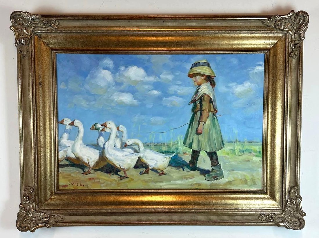 GICLÉE PRINT AFTER SIR JAMES GUTHRIE "TO PASTURES NEW", LARGE, FRAMED: Large giclée reproduction after Sir James Guthrie's "To Pastures New" (The Goose Girl), a girl herding geese, in giltwood frame Approximate Dimensions: 23.5" H x 36" W; frame 36&#