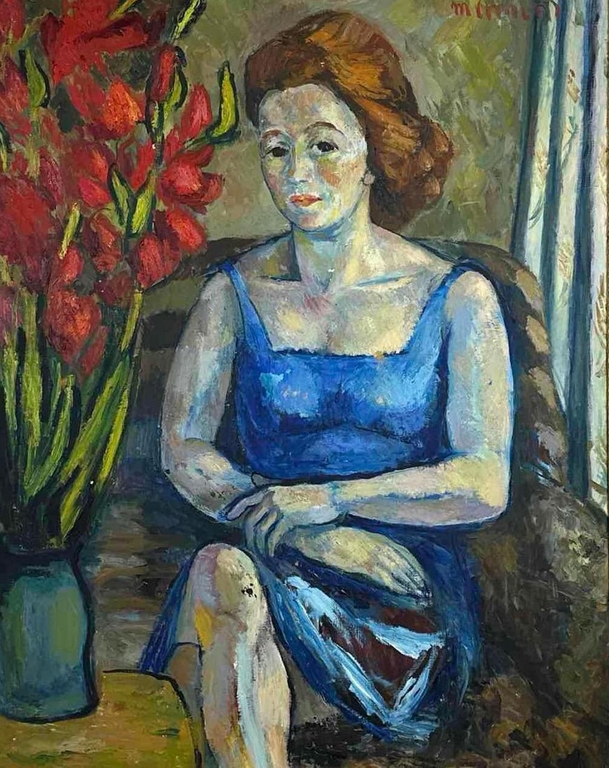 MODERNIST OIL PAINTING PORTRAIT OF A SEATED WOMAN SIGNED: Framed modernist oil painting of a seated woman in a blue dress Approximate Dimensions: 30" W x 38" H; framed 35" W x 44" H Artist or Maker: UNKNOWN Indistinctly signed Provenance: Fro