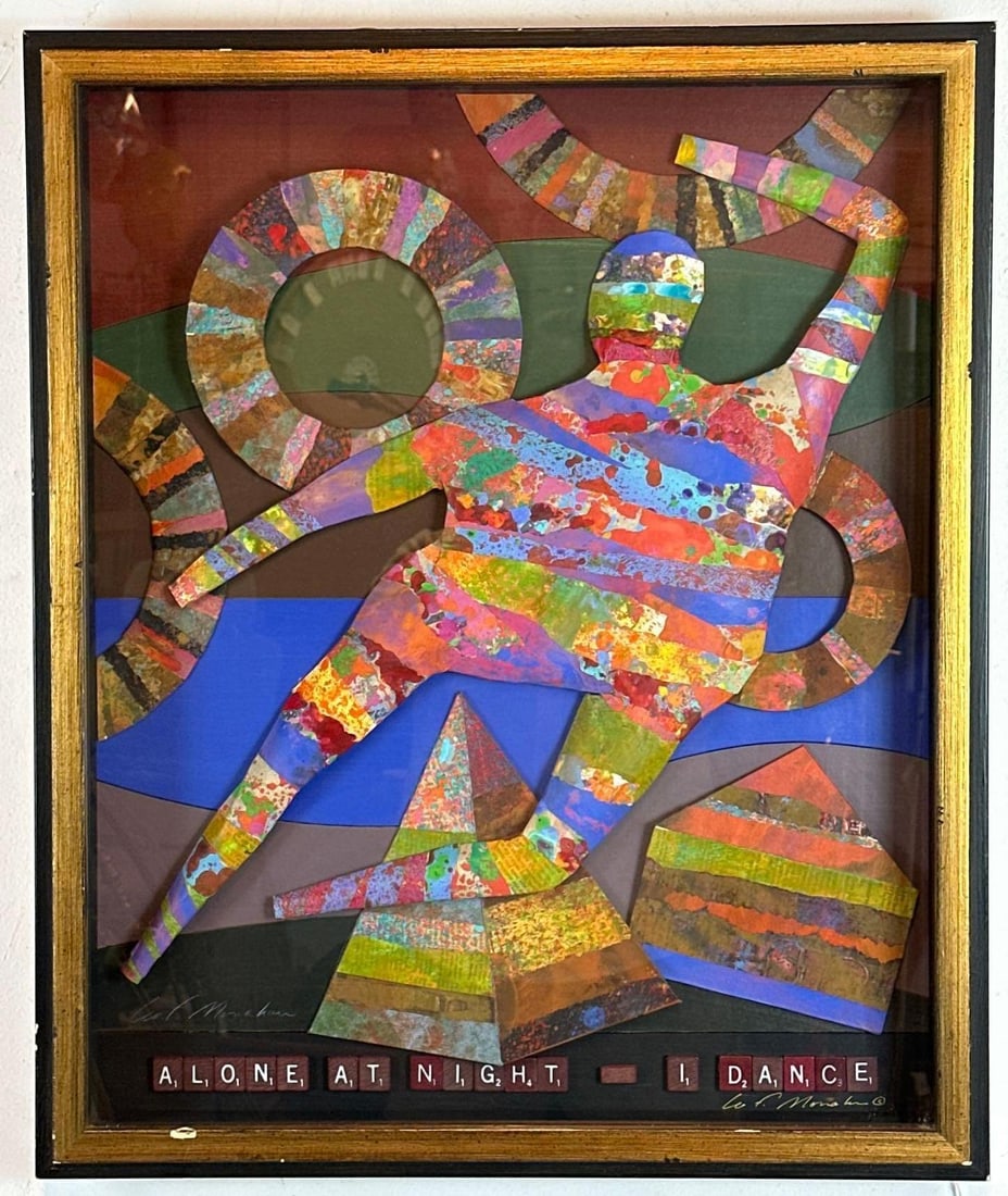 LEO MONAHAN SIGNED MIXED MEDIA COLLAGE "ALONE AT NIGHT I DANCE" SHADOWBOX: Signed mixed-media paper collage of an abstract dancing figure with applied Scrabble-tile lettering, in gilt shadowbox frame. Approximate Dimensions: 26" H x 22" W x 3" D Artist or Maker: 